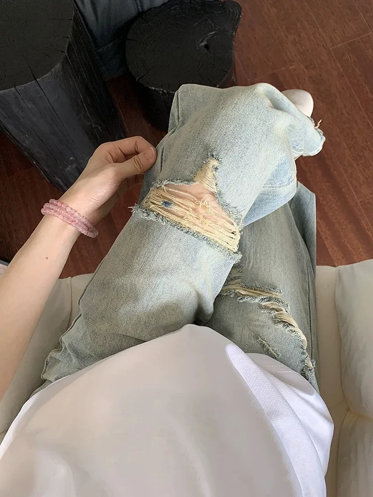 

High Waist Straight Leg Jeans Women's Summer Thin Large Size Drapey Slimming Floor-Length Wide Leg Pants Torn Denim Skinnies