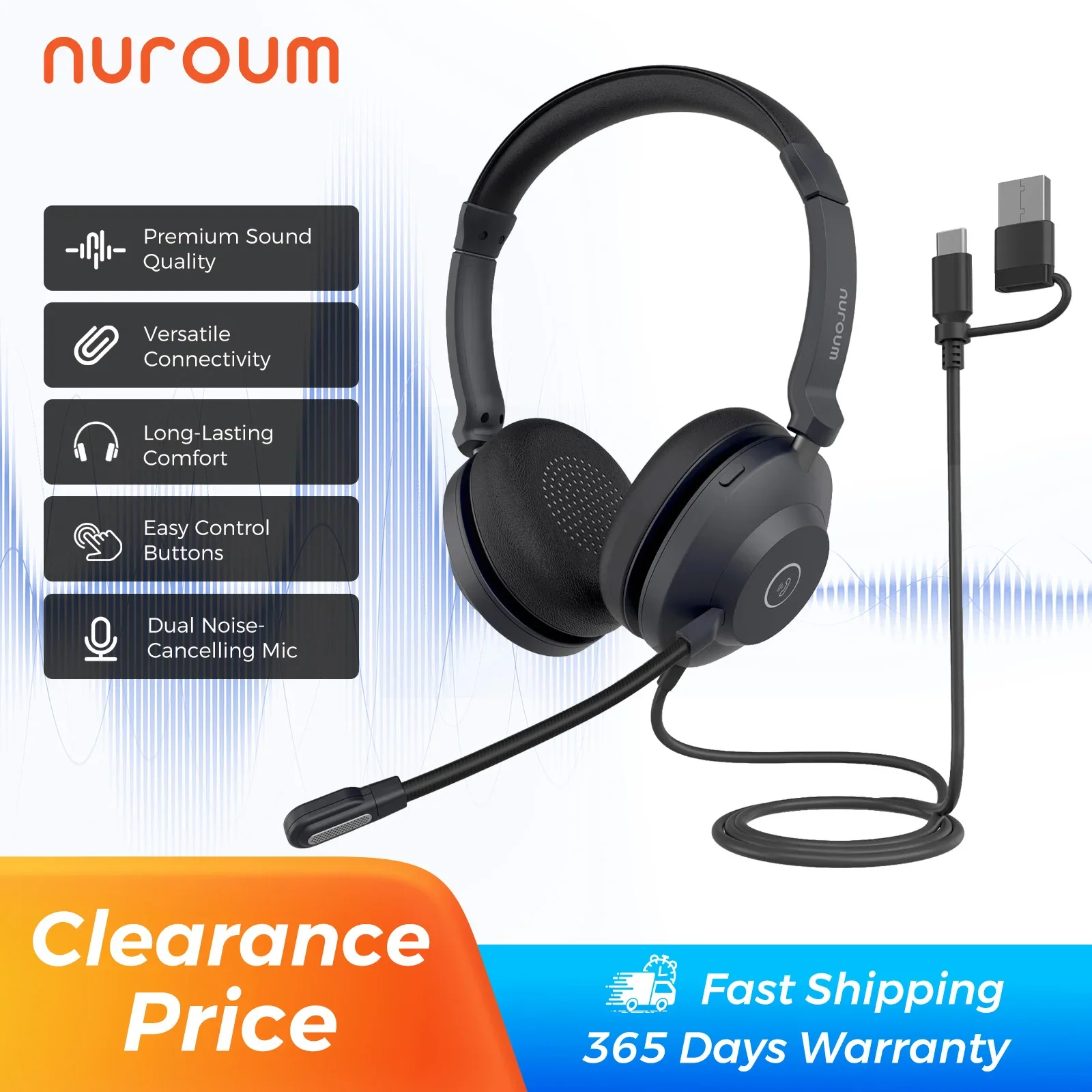 Nuroum HP21 USB A/Type-C Headset mit Mikrofon, Geräuschunterdrückung für Büro, Callcenter, Computer-Kopfhörer für PC, Laptop, Mac, Plug & Play, Stummschalttaste