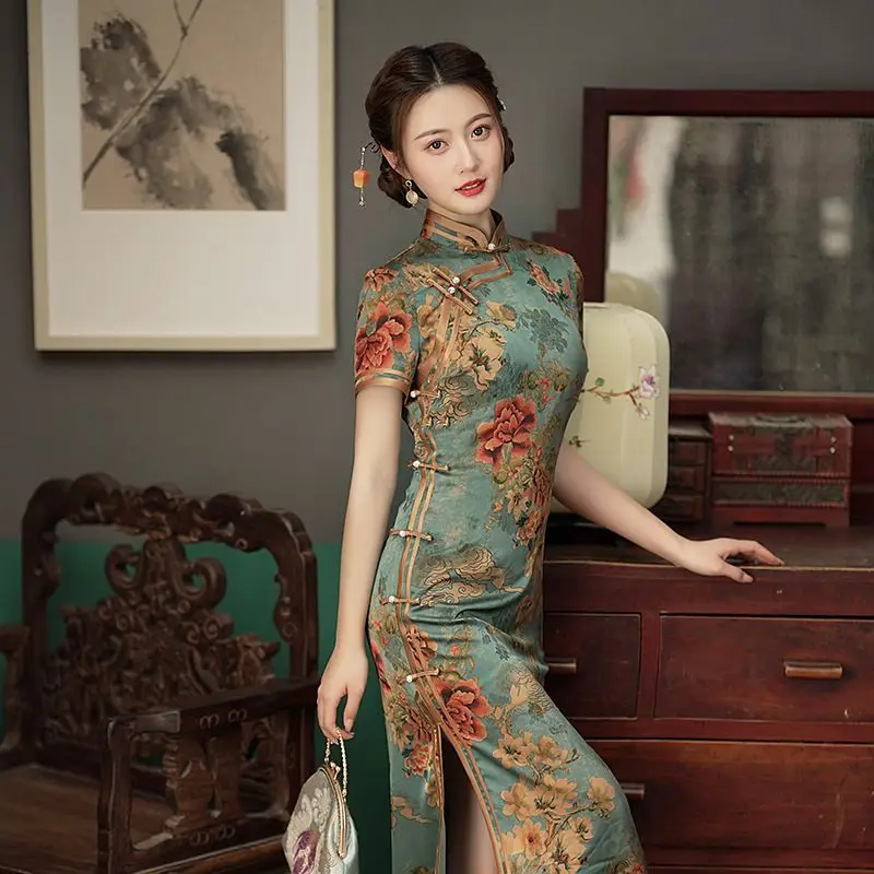 Yourqipao Plus Size Cheongsam Long Retro Republic of China Style 2023 New Summer Daily Elegant Old Shanghai migliorato vestito da donna