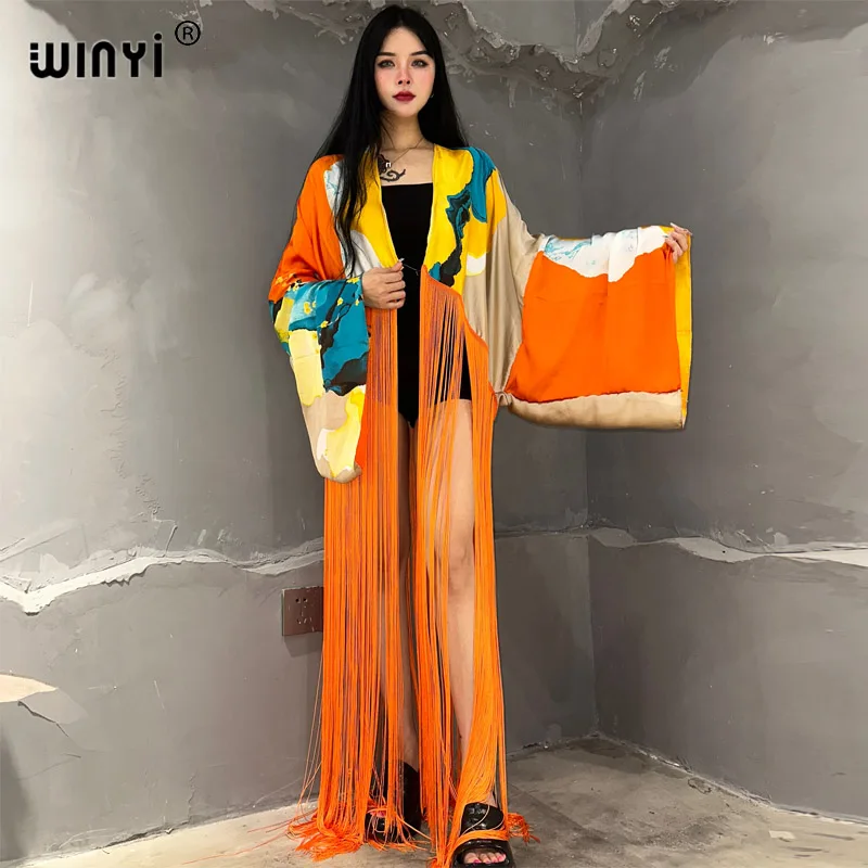 WINYI kimono moda boho letnie stroje plażowe letnie klasyczny nadruk osłona do Bikini sweter seksowne wakacje z długim rękawem sukienka z frędzlami