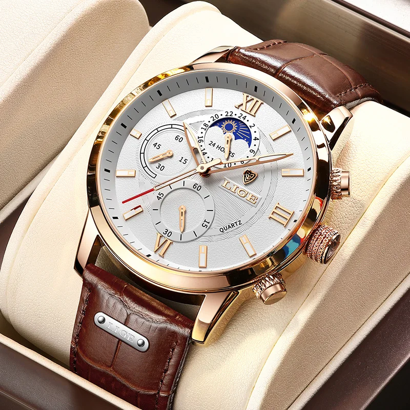 

LIGE Man Watch Fashion Business Sport Moon Phase Quartz Watches Luxury Rose Gold Case Waterproof Luminous Chronograph Mens Watch