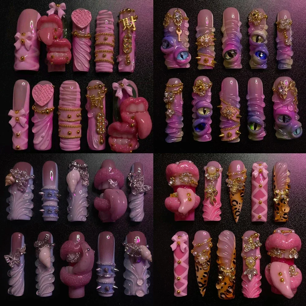 

10Pcs Handmade Y2K Hot Girl Press On Nails Personality Style Square Lips Chest French Gel Shell Chain Design Nails Sticker