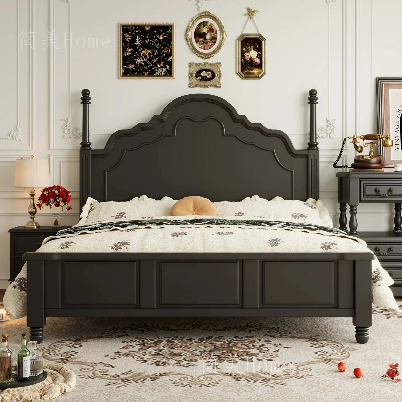 Full Size Wooden Bed Vintage Black Minimalist French Sleeping Bed Bedroom Home Furniture view 2