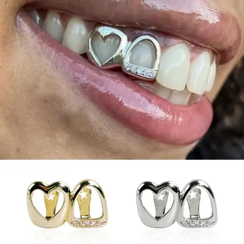 RACHELZ 힙합 더블 할로우 하트 치아 모자 교정기 Y2K 펑크 지르콘 치아 Grillz 여성용 남성용 쥬얼리 치과 그릴