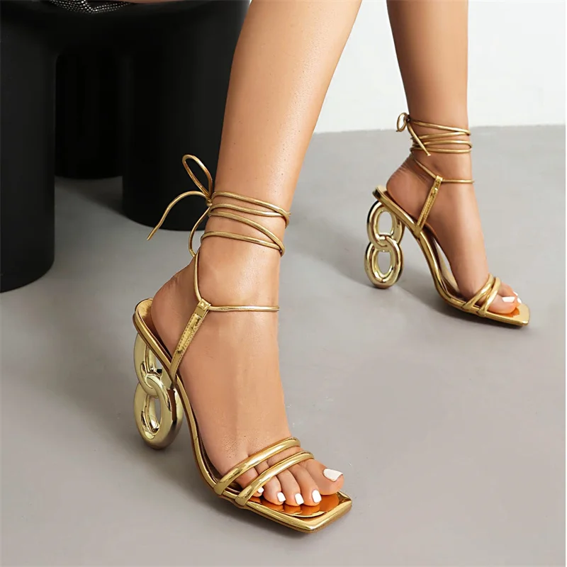 

YMECHIC 2025 пикантные модные женские босоножки на высоком каблуке на необычном каблуке с ремешком на щиколотке, удобная женская обувь для вечеринок, Прямая поставка