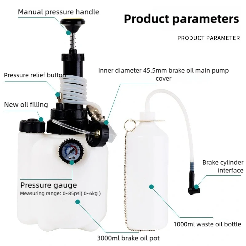 3L Professional Brake Bleeder Kit - Manual Vacuum Pump with Pressure Gauge, 4 Master Cylinder Adapters for Car & Motorcycle