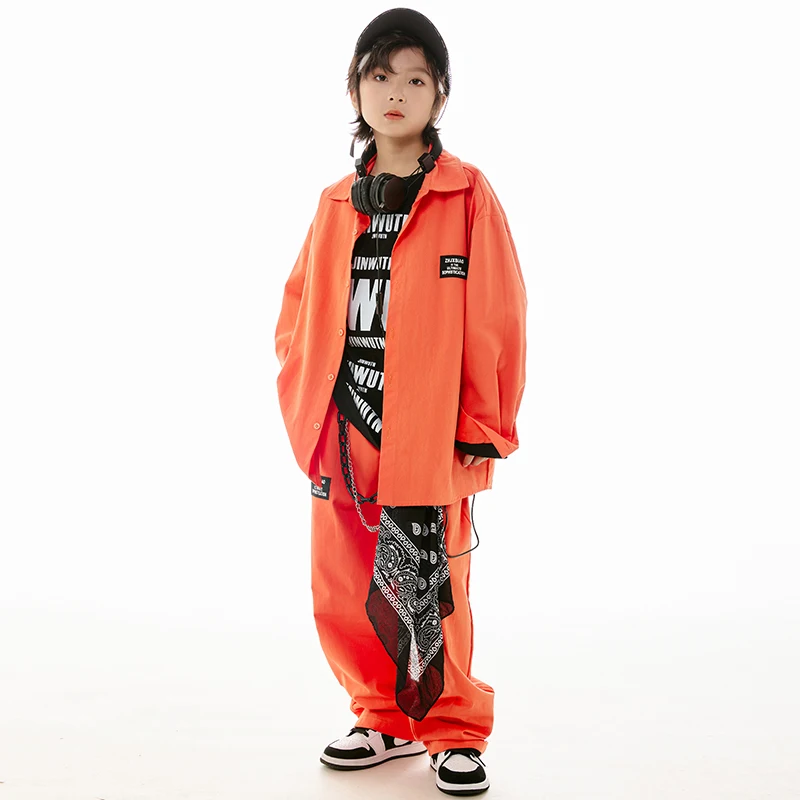 Ragazzi Hip Hop vestiti da ballo arancione maniche lunghe vestito ragazze Jazz Costume cappotto allentato pantaloni moda abbigliamento per bambini abbigliamento da palcoscenico BL11816