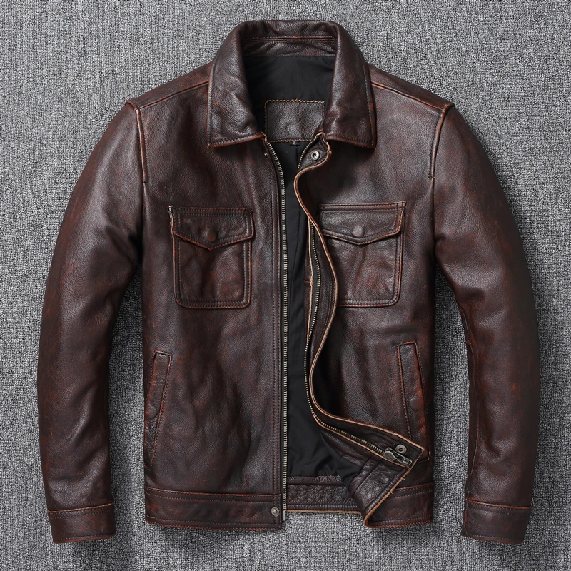 

Autumn Winter New Fashion Brown Layer Cowhide Leather Coats Men's Motorcycle Vintage Made Old Genuine Leather Jackets