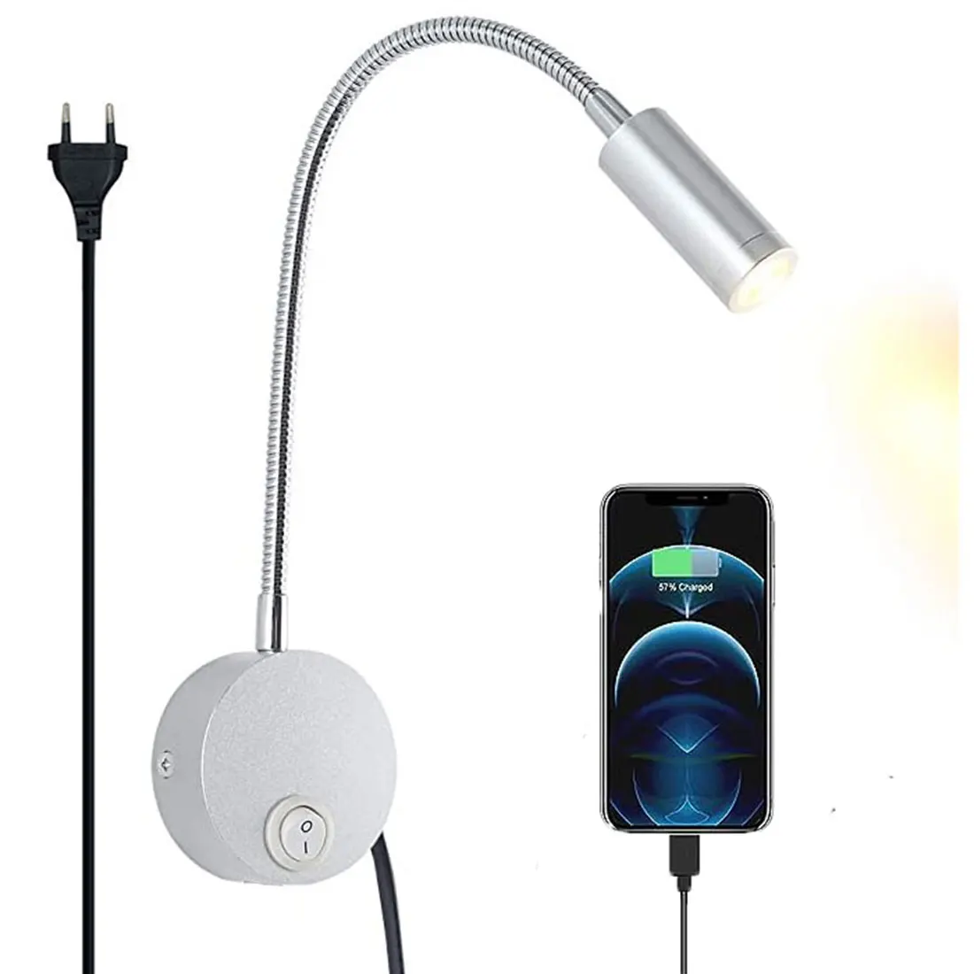 

Silver 3W 4000K Gooseneck Plug in LED Wall Light with 5V 2A USB Charging Port and switch for bedside nightstand showcase