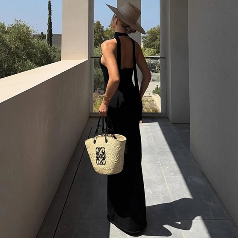 Ticketsx Halter Backless Sexy Maxi Dress Women's Off-Shoulder Sleeveless 2025 Summer Fashion Dress Female Club Party Long Dress