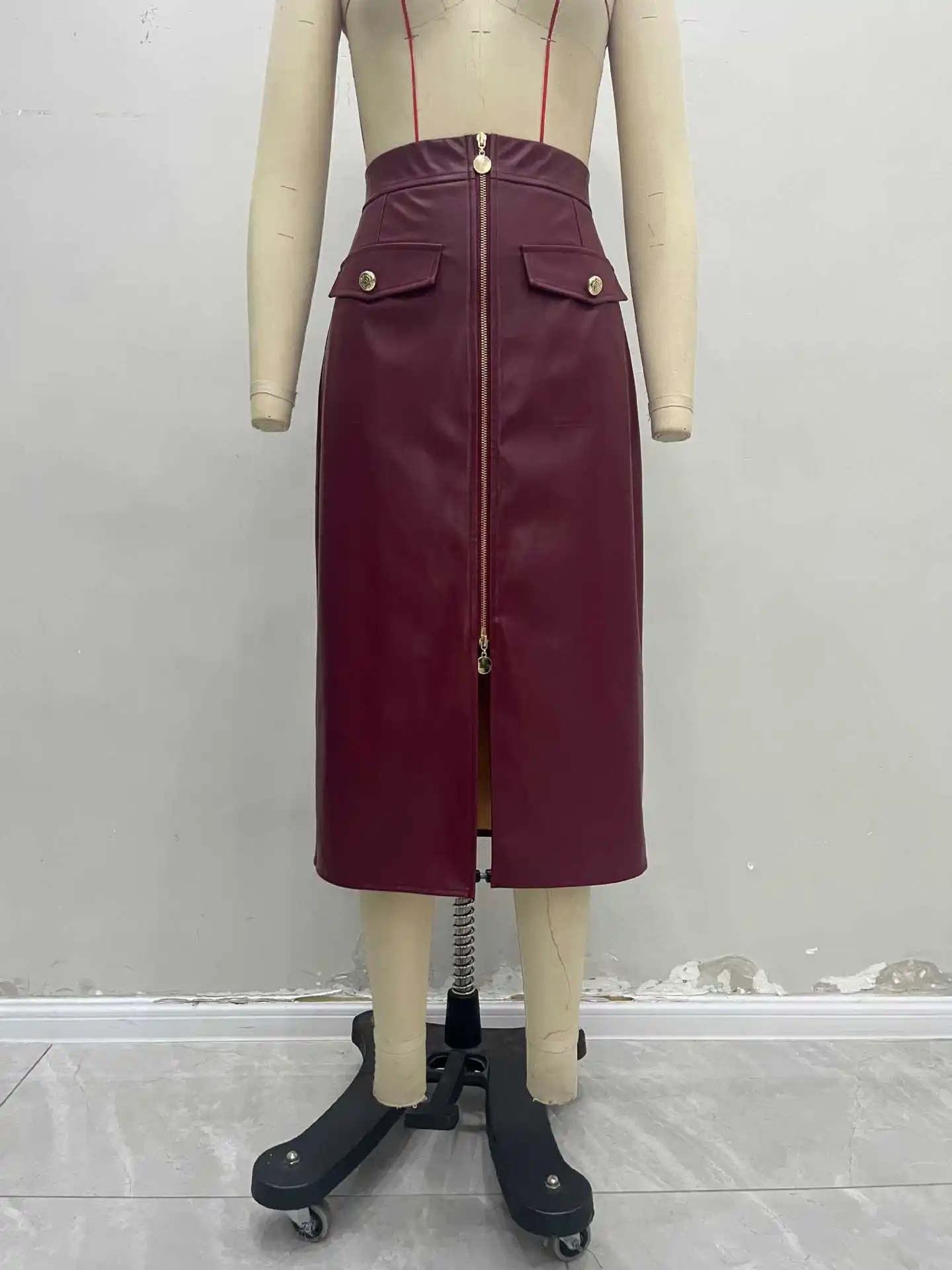

Skirt for Women 2025 Spring Autumn New Solid Color High Waist Slimming Metal Zipper PU Leather Casual Retro Long Skirt