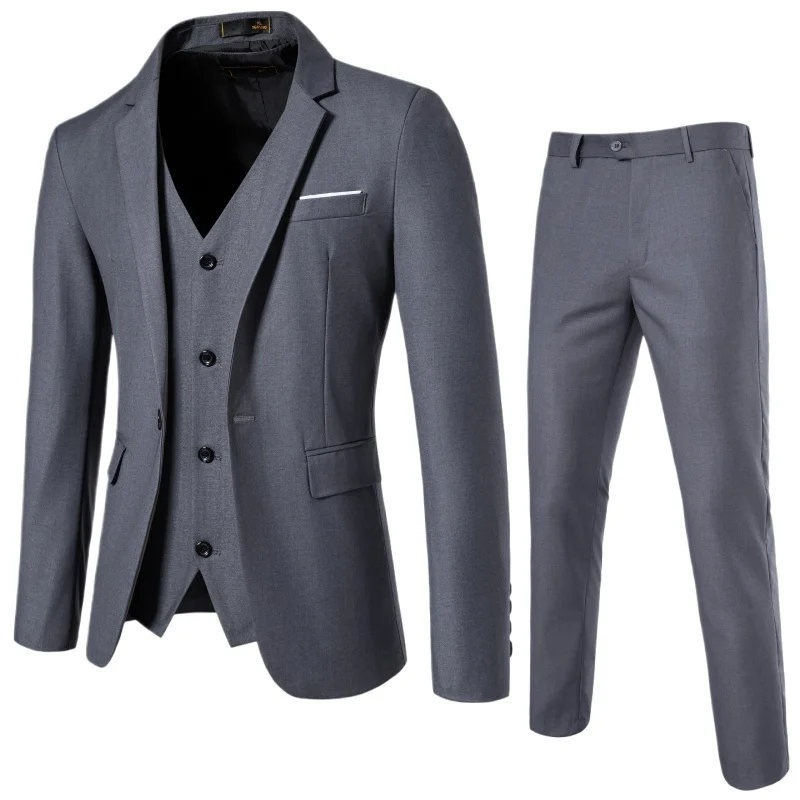 

2026 New High-quality One-button Men's Chiffon Suit Business Fashion Casual Wedding Dress Suit Solid Color Three-piece Set