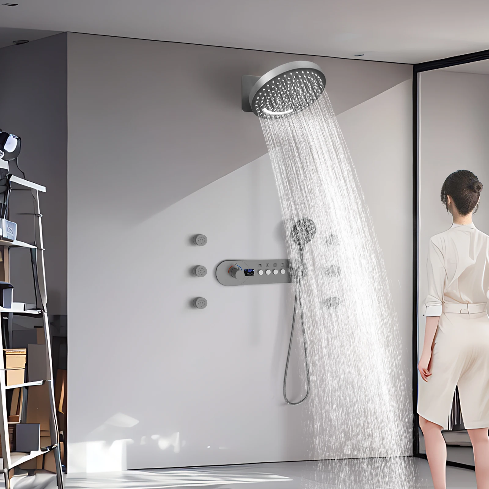 

New 2024 Gun Grey Wall Mount Rain Waterfall 320*320mm Shower Head Bathroom Thermostatic Digital Display Shower Faucets Set