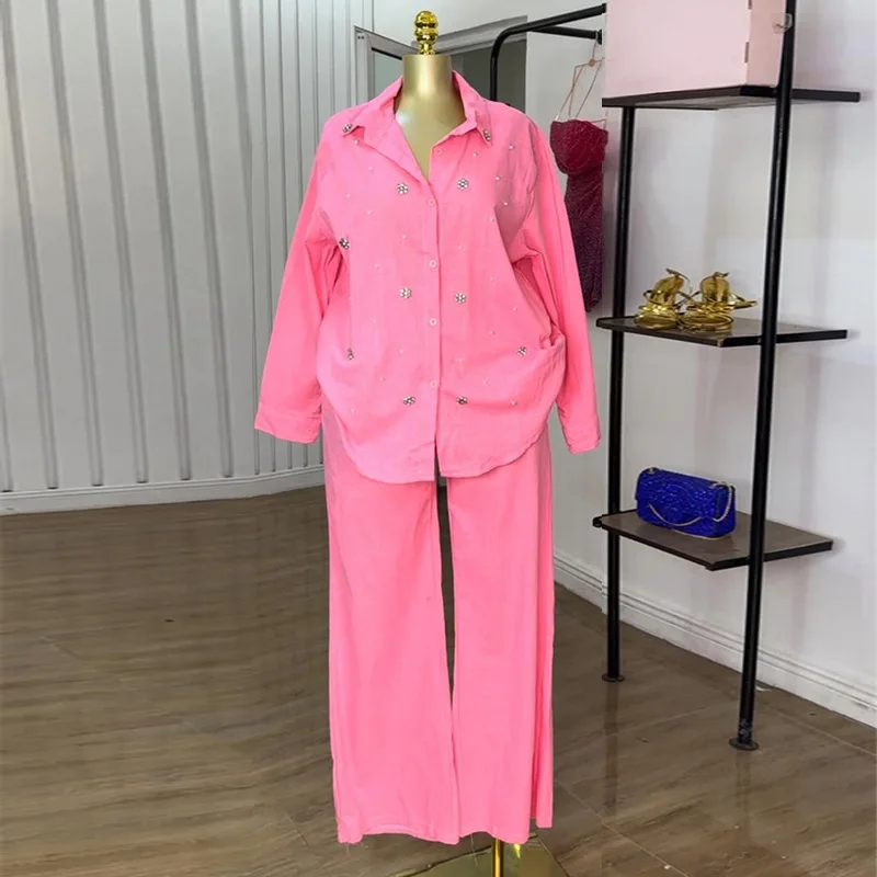 

Women Beading Pearl Decaration Two Piece Set Turn Down Collar Casual Long Sleeve Shirt and High Waist Straight Pant Matching Set