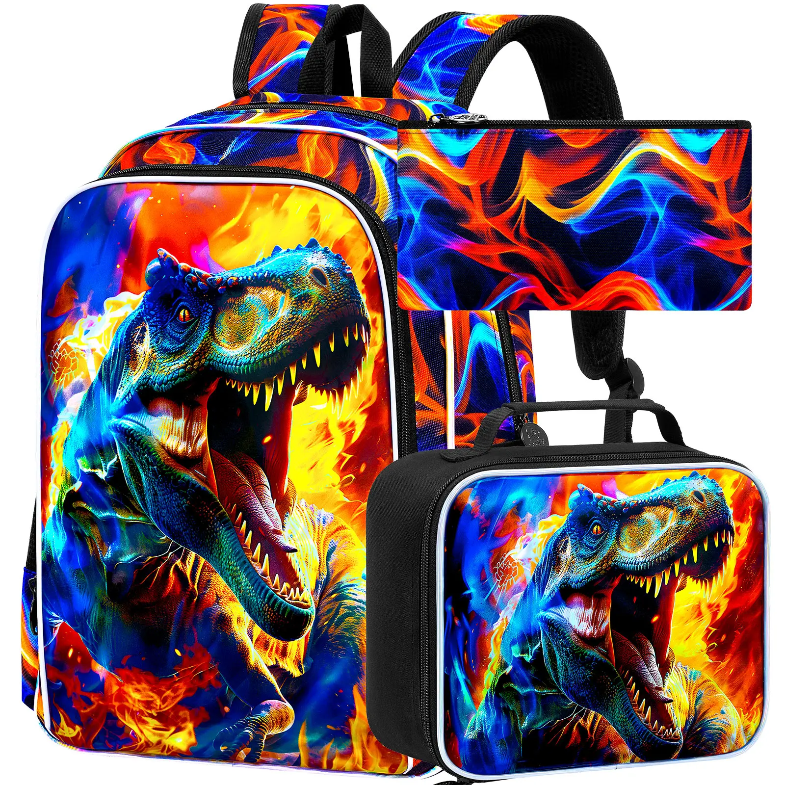 

Рюкзаки из 3 предметов для мальчиков, водонепроницаемая детская сумка для книг 16 дюймов для мальчиков, легкий рюкзак с коробкой для завтрака - пламенный динозавр