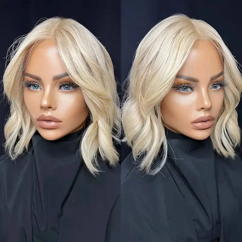 

Preplucked Hairline Ombre Platinum Blonde Wig Soft HD Lace Front Wig 12'' Natural Short Wave Bob Wig Good Quality Synthetic Wigs