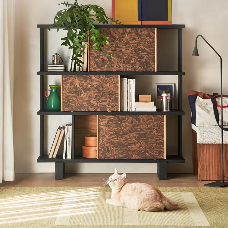 Wooden bookshelves with sliding doors, multifunctional living room storage cabinets