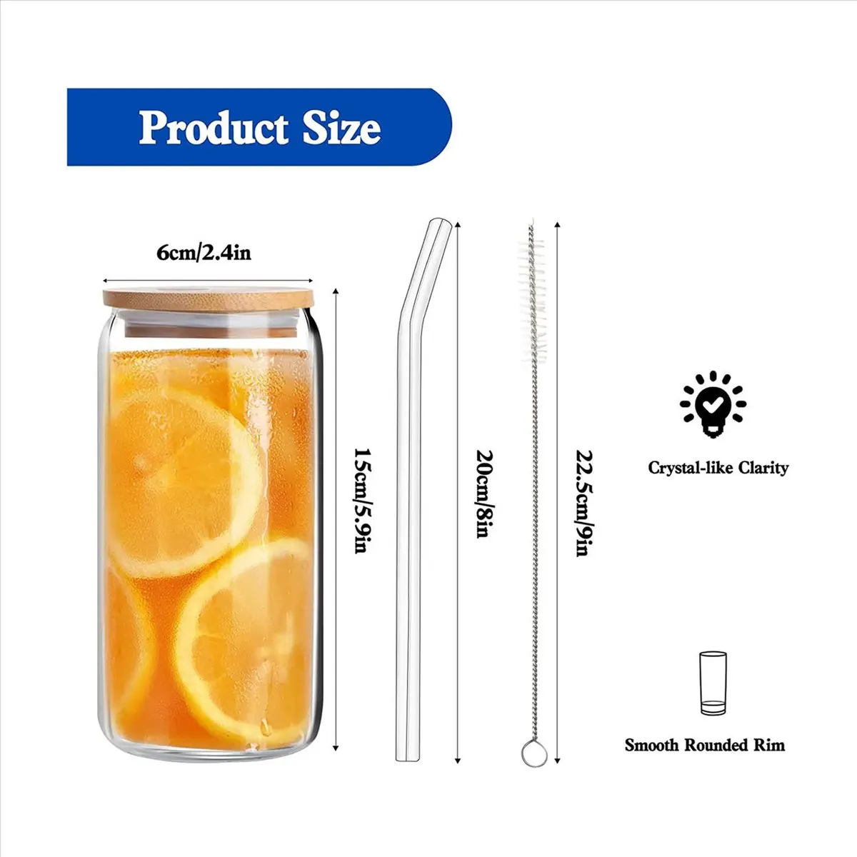 Okay Beer علبة زجاجية مع أغطية من الخيزران وقش زجاجي، 8 عبوات من أكواب الشرب سعة 16 أونصة مع أغطية وشفاطات، أكواب زجاجية على شكل علبة