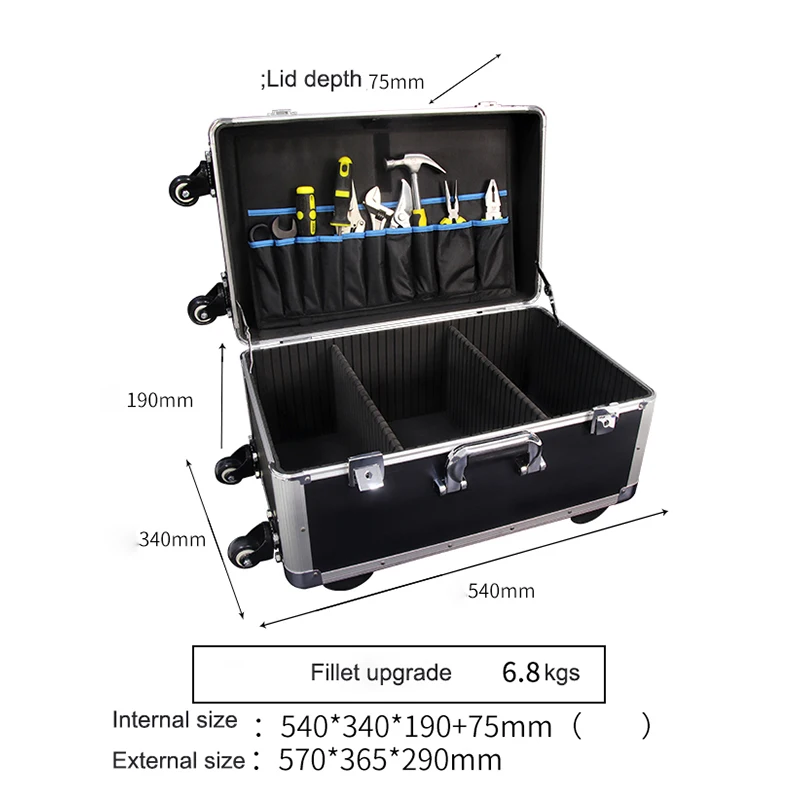 Imagem -04 - Personalizado Pull Rod Toolbox Multi-funcional Manutenção Grande Liga de Alumínio Caixa de Bloqueio de Senha com Caixa de Aviação de Armazenamento de Roda