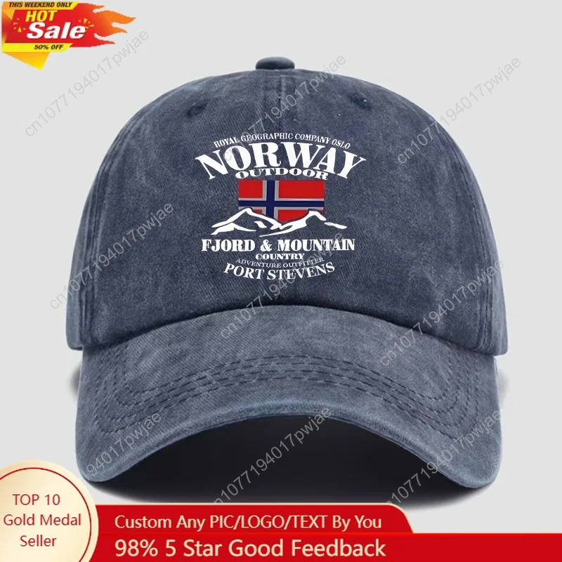 Klassieke gewassen baseballpet met "Norway" printpatroon op de hoed. Verstelbare hoed, ideale zonnehoed voor buitenactiviteiten, unisex