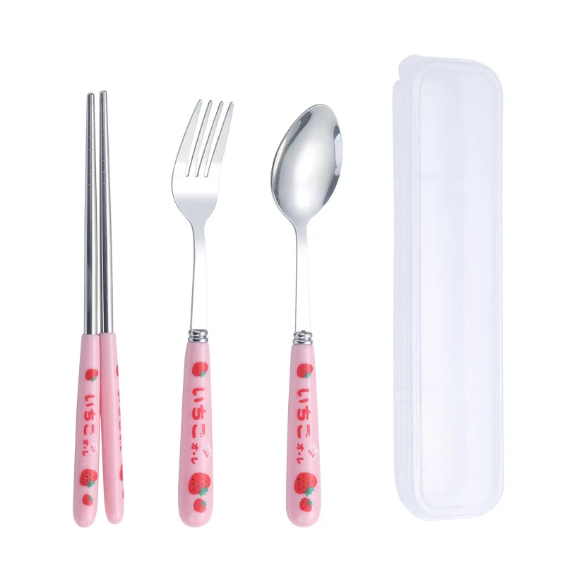 Edelstahl Geschirr tragbares Besteck Set niedlichen Cartoon Essstäbchen Löffel Gabel mit Keramik griff Student Geschirr