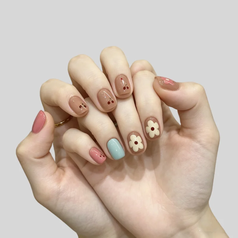 

30Pcs Mechanical Nail Spring Floral Cherry Blossom Short Press-On Nails—High-Quality Nails Perfect As Gifts for Girls and Friend