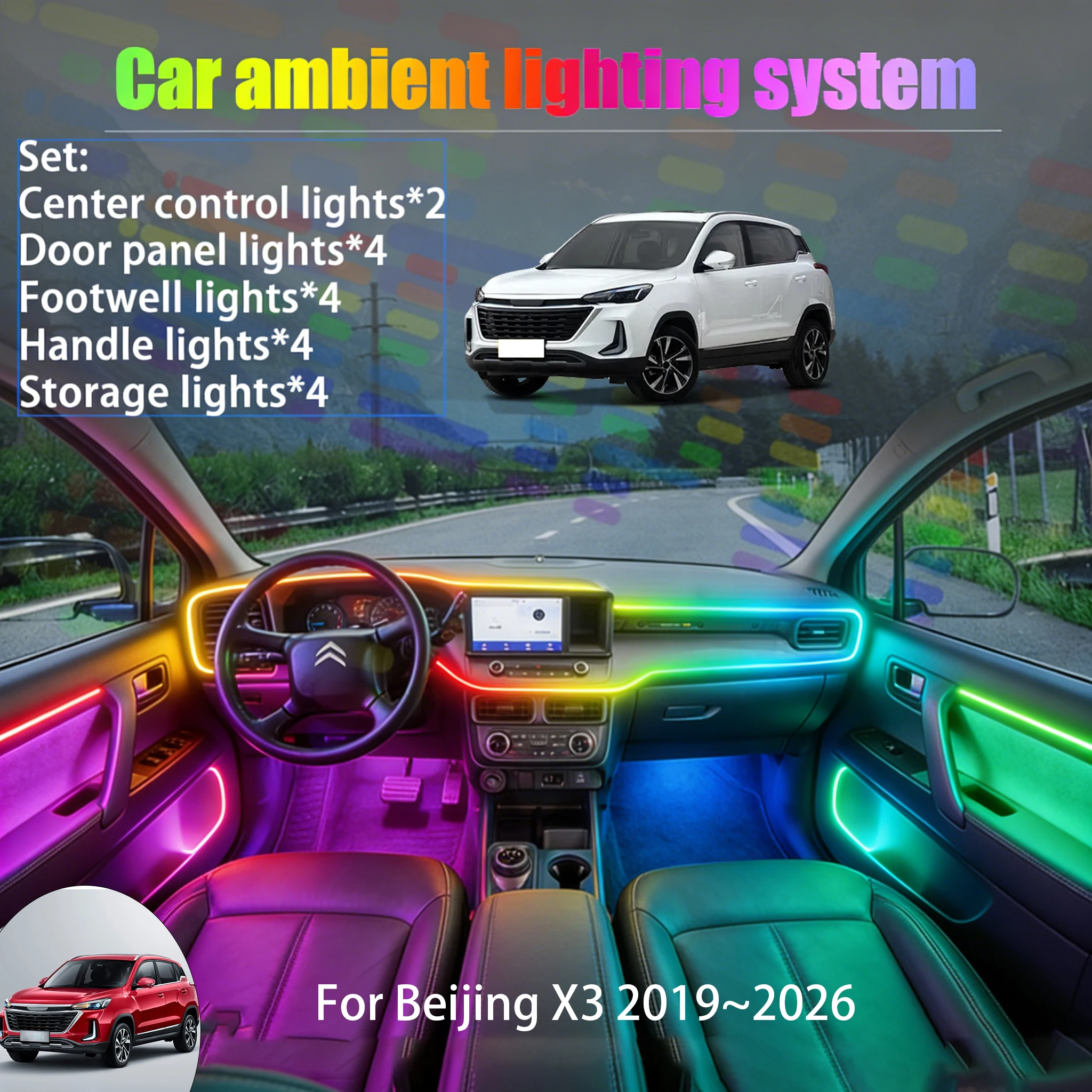 

For Beijing X3 2019~2026 MK2 2/18 in 1 Car ambient lighting Led trunk interior led lights USB RGB Ensemble Streamer Auto Parts