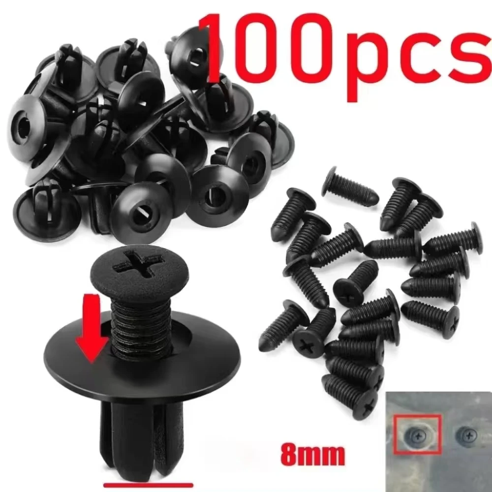 100/200Pcs 8mm Auto Universal Plastic Expansion Nails Fasteners Screw Car Bumper Fender Black Rivet Car Tool Fastener Clips