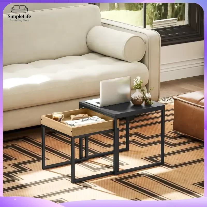 

Nesting Coffee Tables Set of 2 Modern Black Coffee Table with Oak Wood Grain Top U Shape Steel Frame MDF Living Room