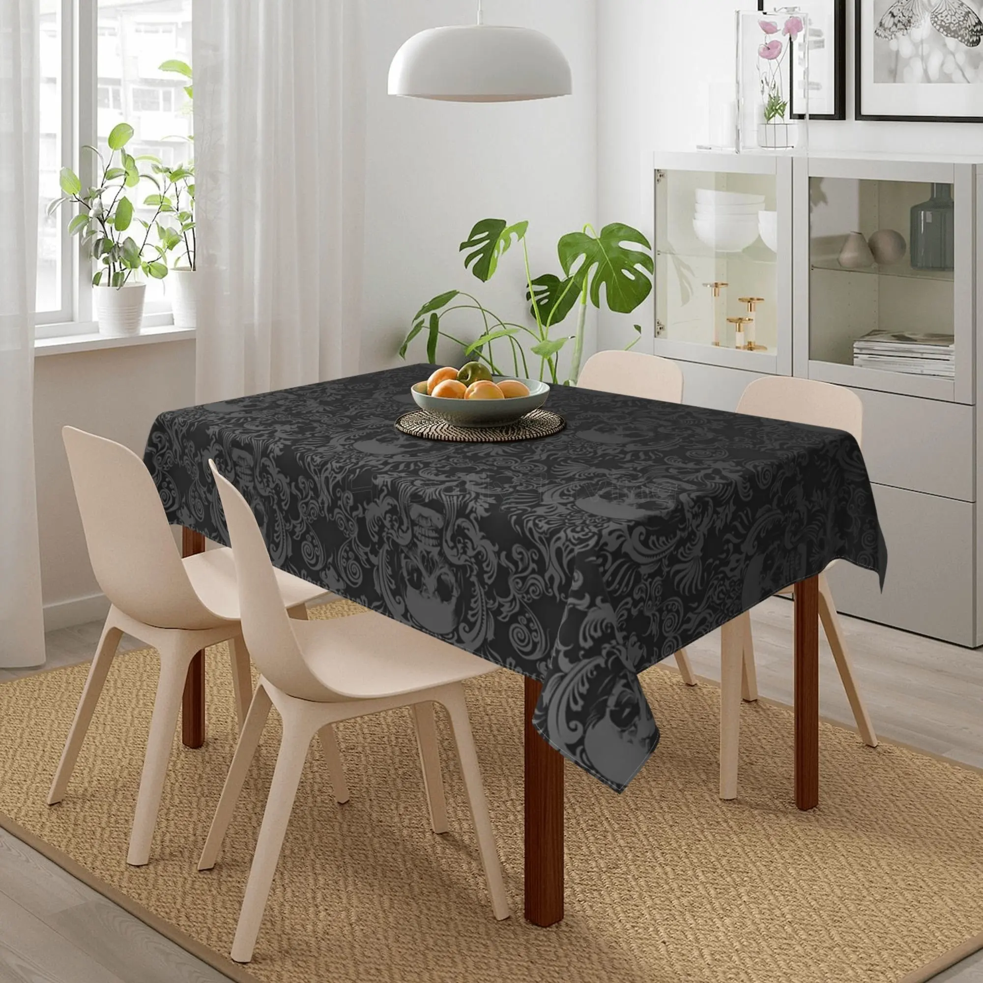 Gothic Skull Flower Black Rectangle Tablecloth Washable Polyester Table Cloth Cover for Kitchen Party Picnic Dining Decor