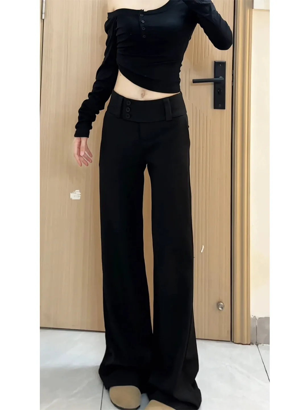 Extended Size 180 Women's Tailored Pants Black Bell Bottom Casual Straight Leg Non-Matching High Waist Zipper Fly Comfortable...