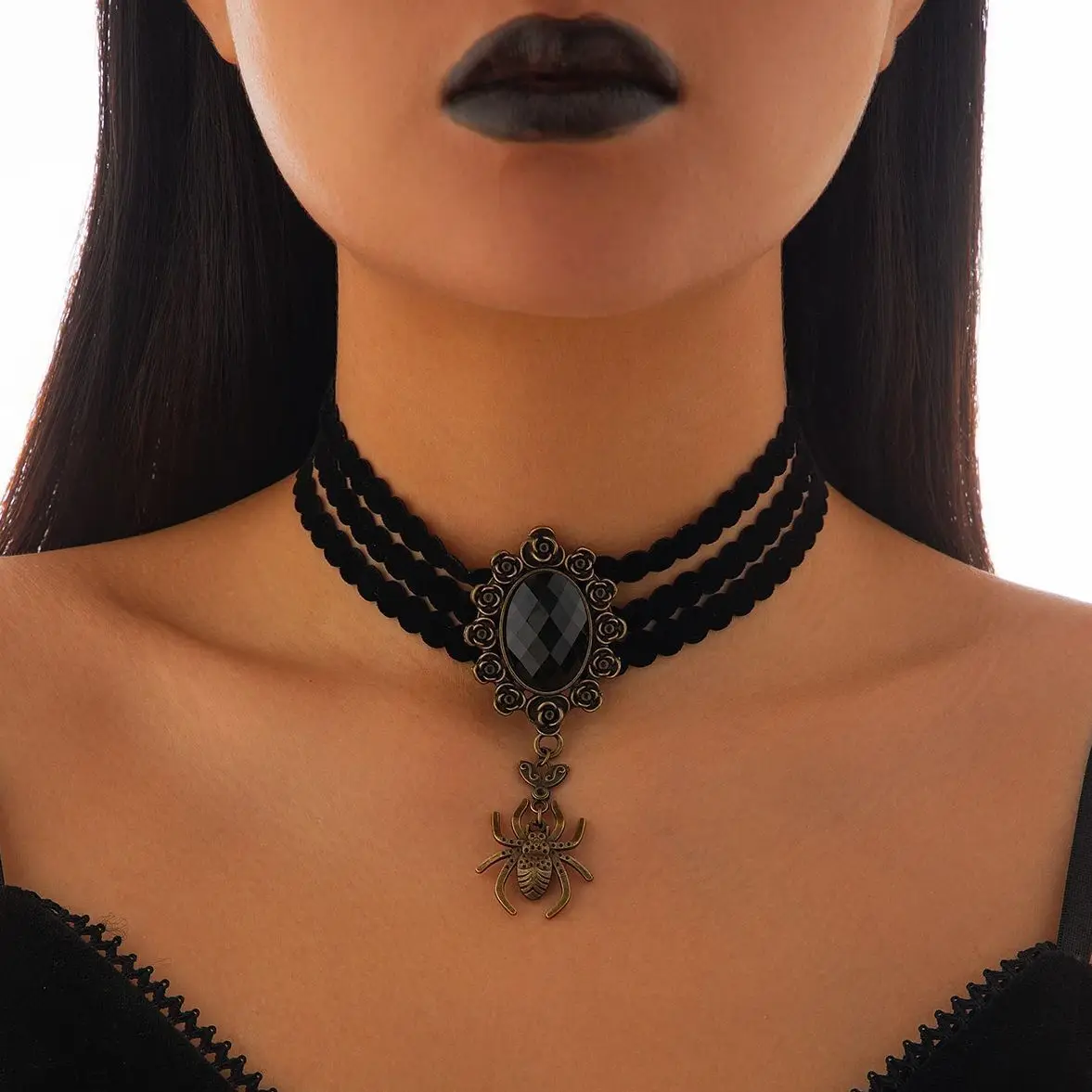 KunJoe New Gothic Black Lace Short Choker Necklace Women Vintage Punk Spider Pendant Necklace Halloween Jewelry Neck Torques