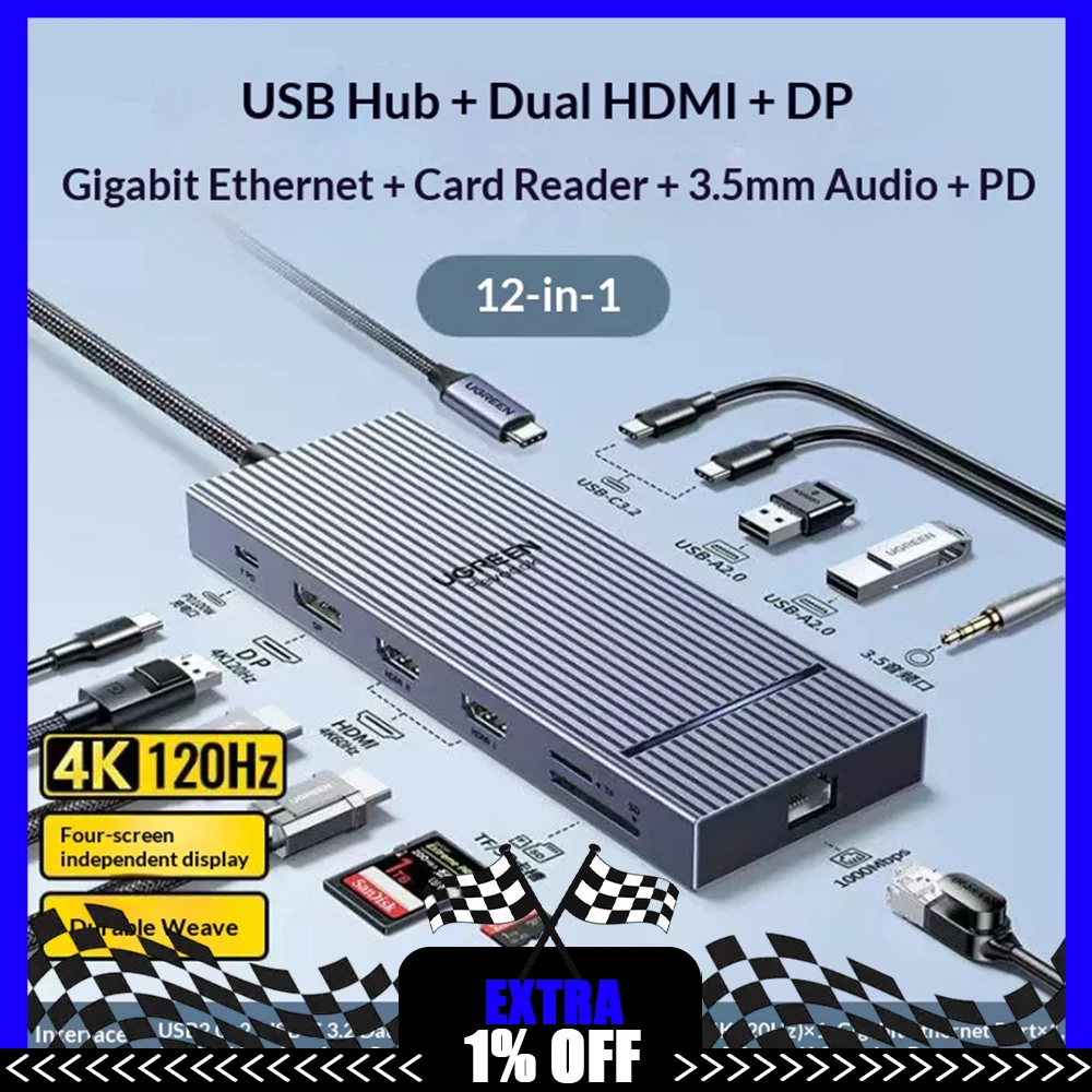 UGREEN 55767 Expansion Dock Laptop Docking Stations Four‑Screen Different‑Display, Dual Hdmi+Dp 10Gbps High‑Speed Transmission