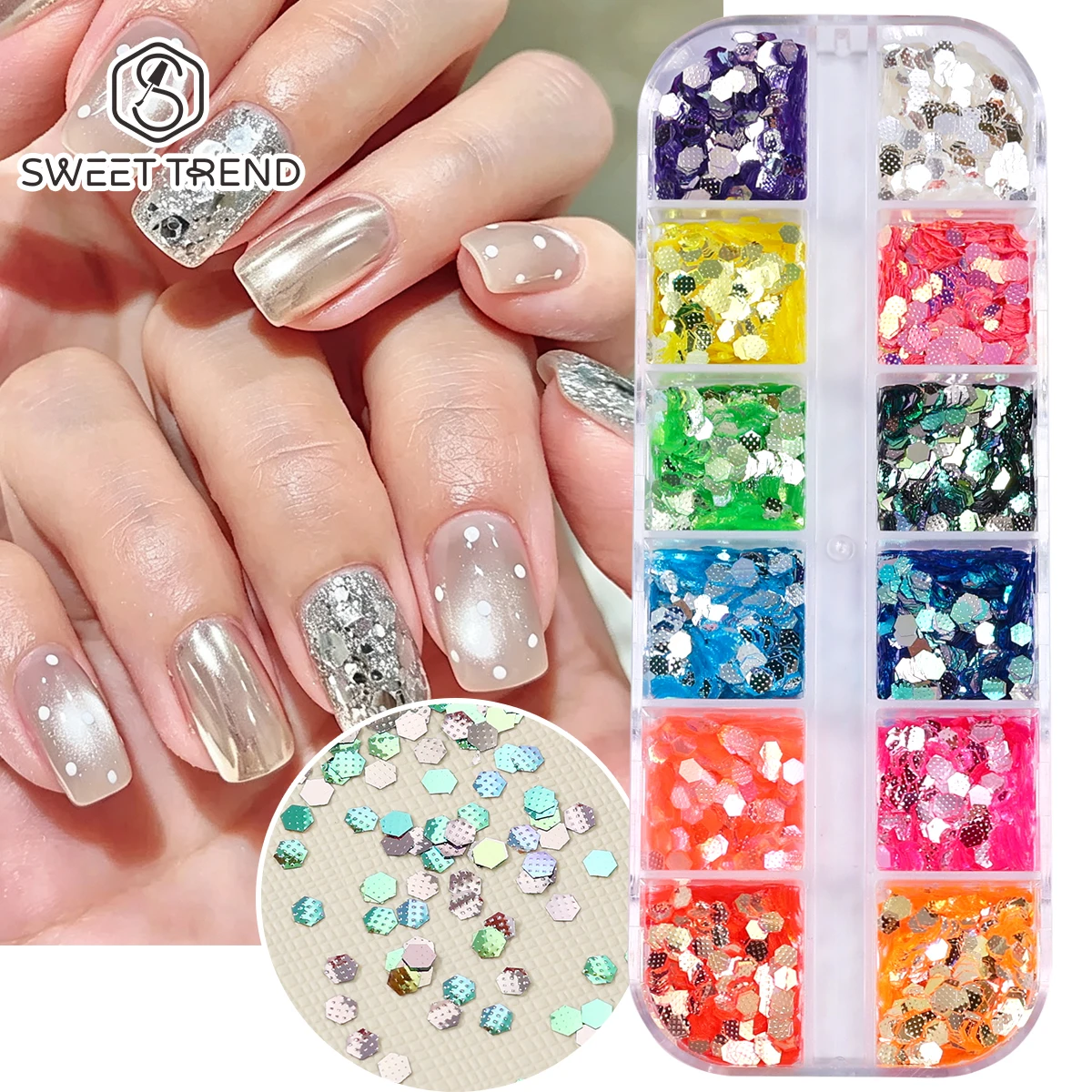 12 Grids Neon Color Dotted Textured Hexagon Nail Sequin Colorful Y2K Dopamine Slices Spangles Party DIY Sparkly Manicure Glitter