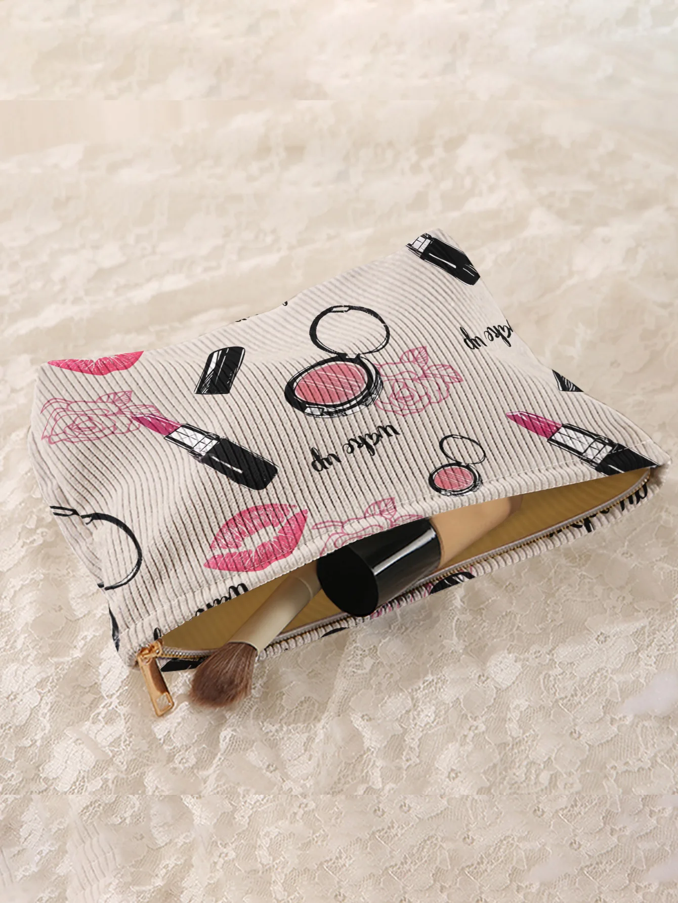 Fashion lipstick blush lip print corduroy makeup bag, lightweight zipper pouch, multifunctional lined cosmetic bag