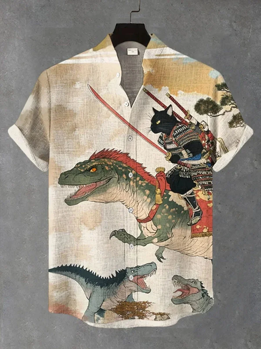 

Men's Retro Calligraphy Cat Dinosaur Volcanic Eruption Print Short Sleeve Shirt Japanese Style Holiday Outerwear Vintage Blouse