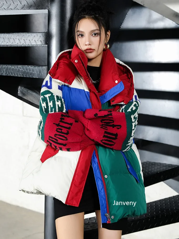 2023 Nieuwe Mode Streetwear Letter Stitching Puffer Jasje Dames Losse Parka \'S Winter Dikke 90% Eend Donsjas