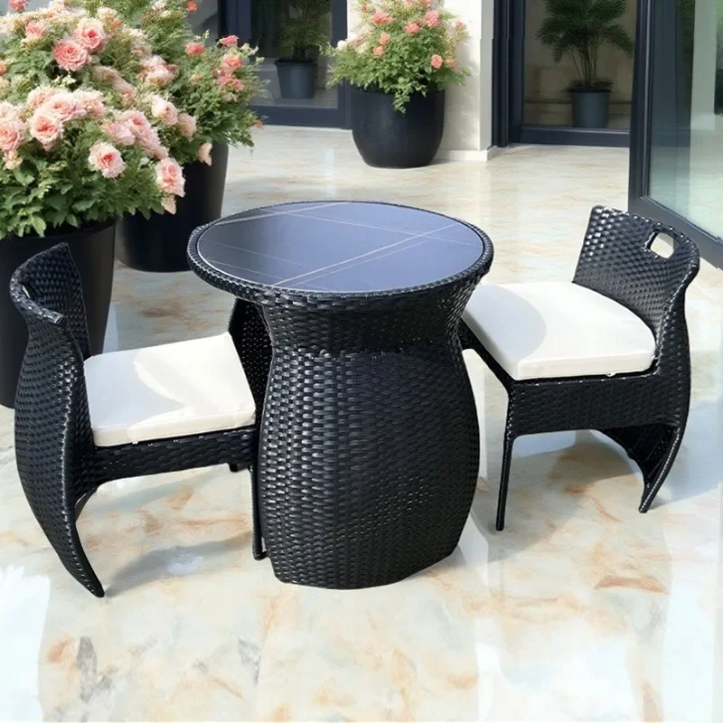 Outdoor small coffee table rattan chair three-piece set rock slab one table and two chairs, balcony table and chair leisure