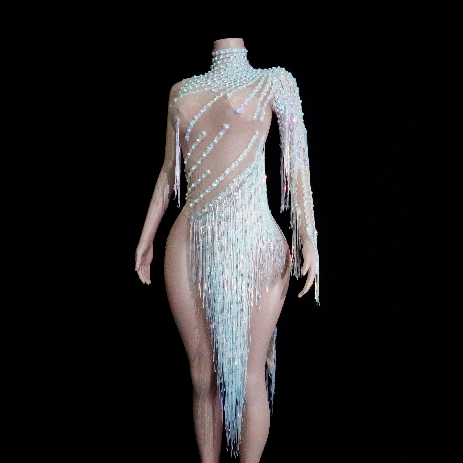 섹시한 태슬 크리스탈 블랙 드레스, 태슬 메쉬 폴댄스 공연 파티 나이트클럽 생일 DJ팀 여성 의상