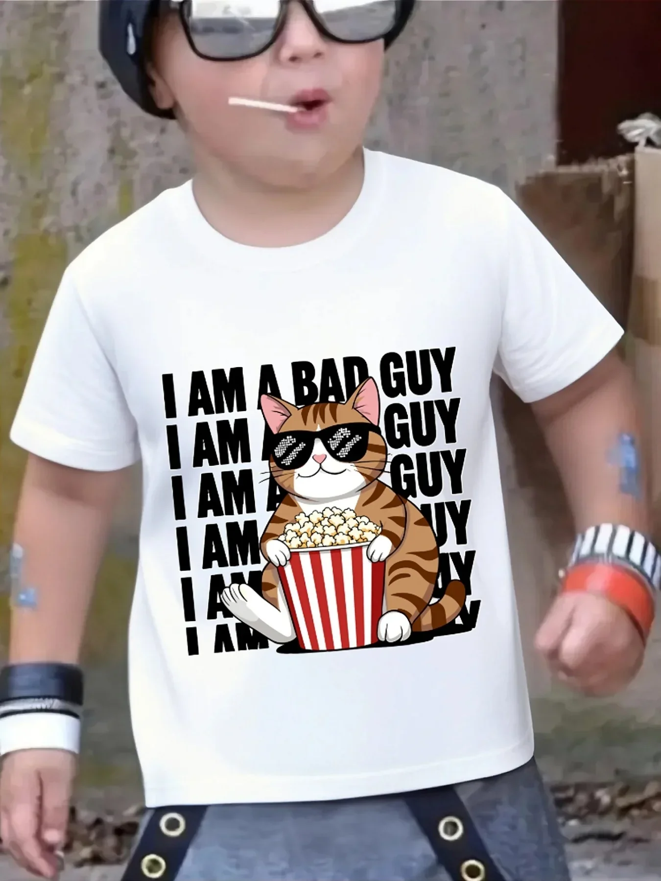 Cute Cat Popcorn Bad Quote Print Family Matching T Shirt Boys Girls Tee Parent Child Casual Top Mom Dad Kids Summer Daily Wear