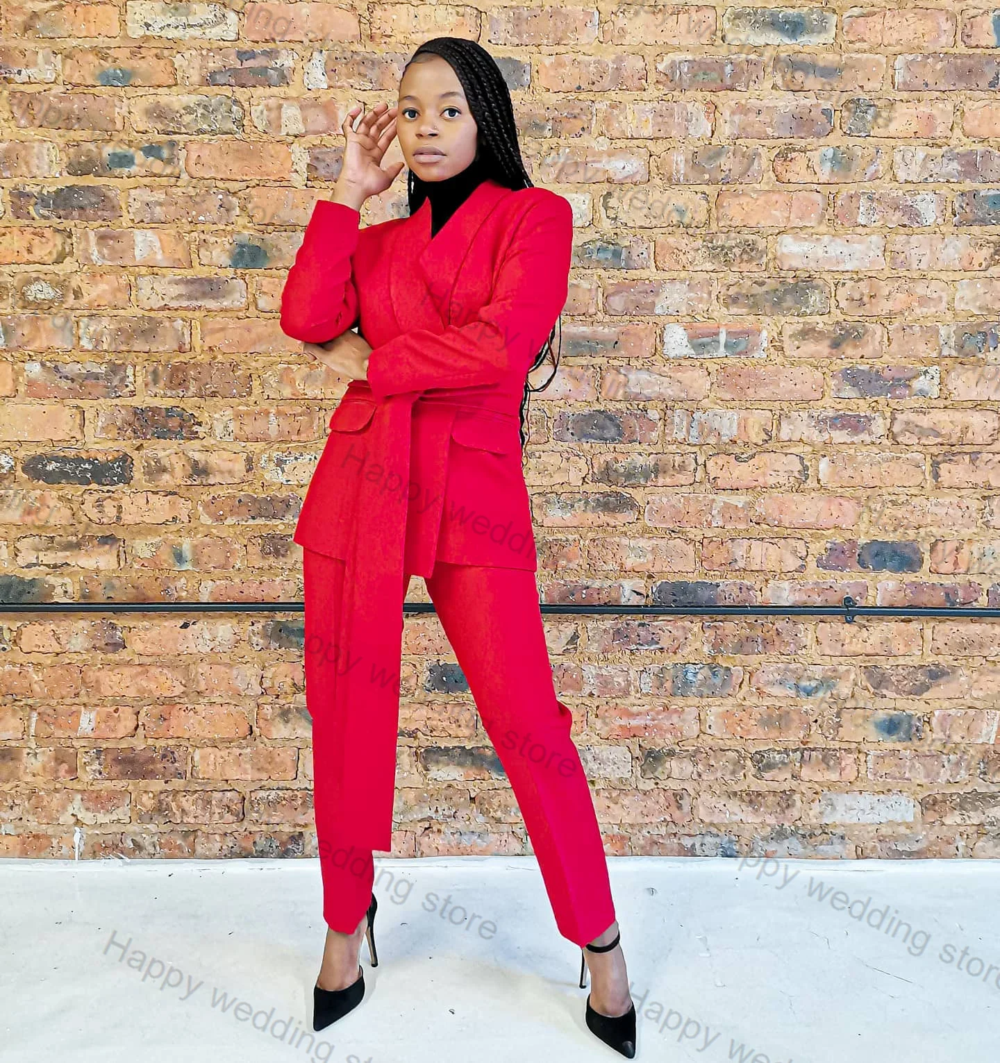 Red Women Suit Pants Set 2 Piece Blazer+Trousers With Belt Cotton Formal Office Lady Wedding Tuxedo Tailored Size Jacket