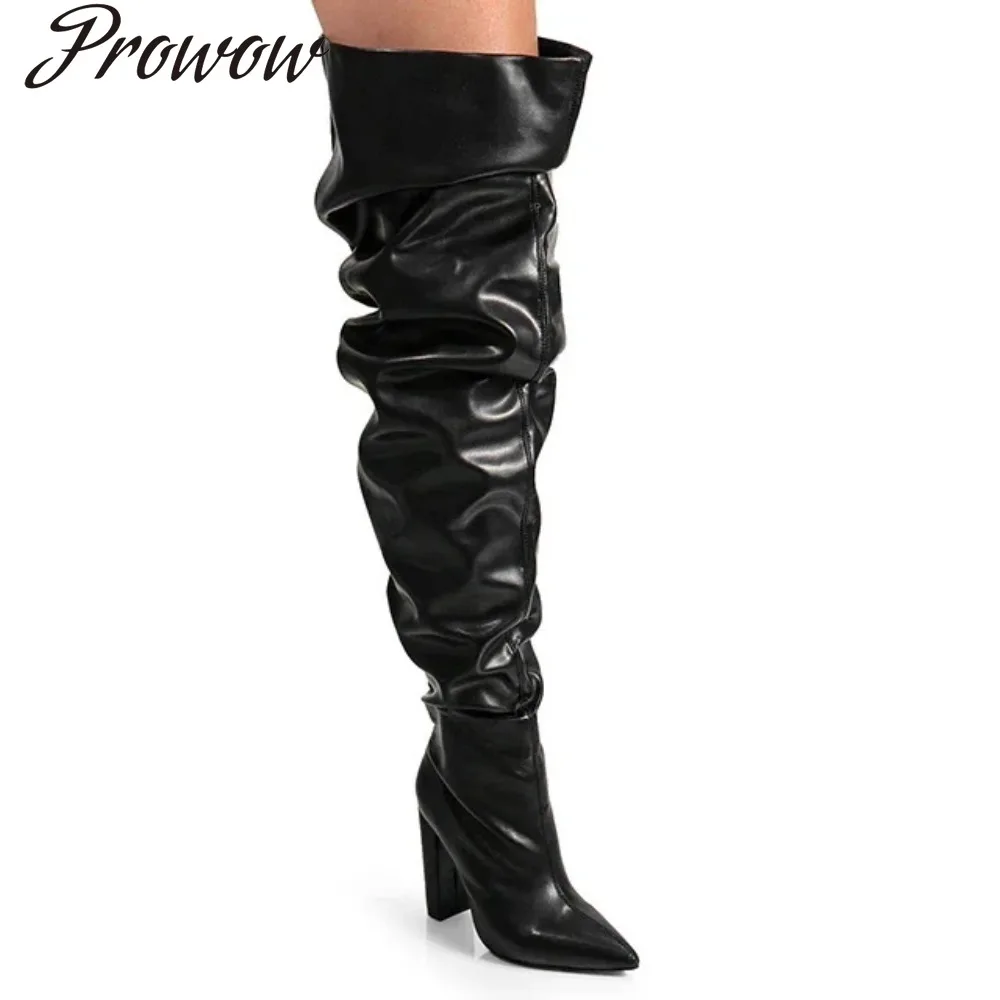 

Плиссированные модные сапоги выше колена на высоком толстом каблуке с острым носком, женская обувь Zapatos Mujer