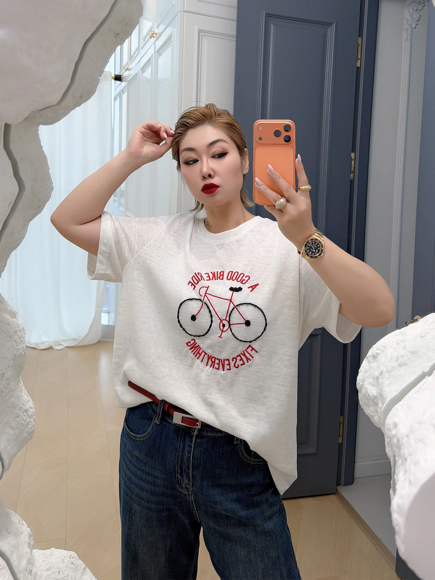 

Spring 2026 plus Size Women's Slimming T-Shirt Loose Short Sleeve round Neck Top Casual Versatile Fashionable Meat Concealing