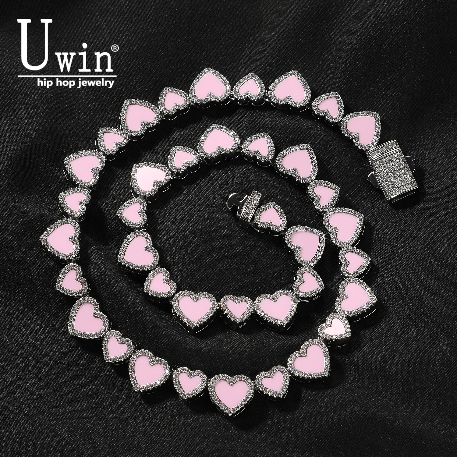 UWIN Pink Acrylic Heart Bracelet Big Small Hearts Interspersed Necklace Colors Can be Customized Luxurious Choker HipHop Jewelry
