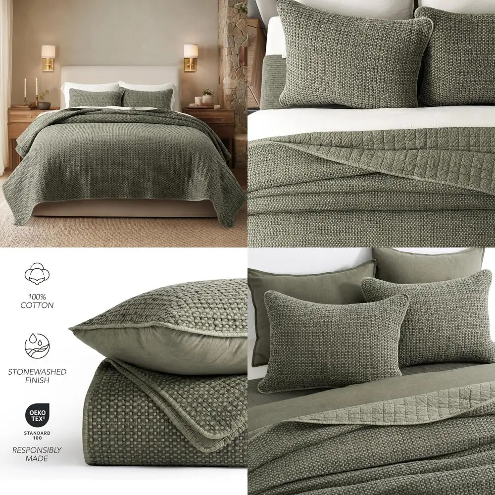 

King Size Stonewashed Cotton Waffle Quilt Set, 100% Natural, 3-Piece Bedding, Soft, Breathable, Substantial