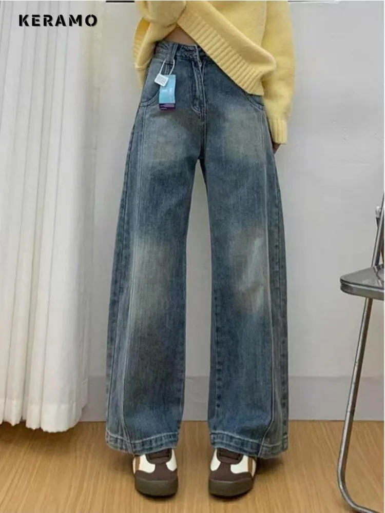 

Зима 202, винтажные базовые стильные светло-голубые джинсы, женские повседневные брюки полной длины, уличные мешковатые джинсовые брюки в стиле Харадзюку Y2K в стиле панк