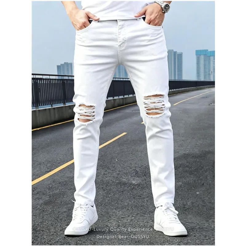 2026 Summer Men's White Hole Skinny Jeans Stretch Slim Fit Denim Pants Streetwear Casual Long Trousers for Youth Adults White