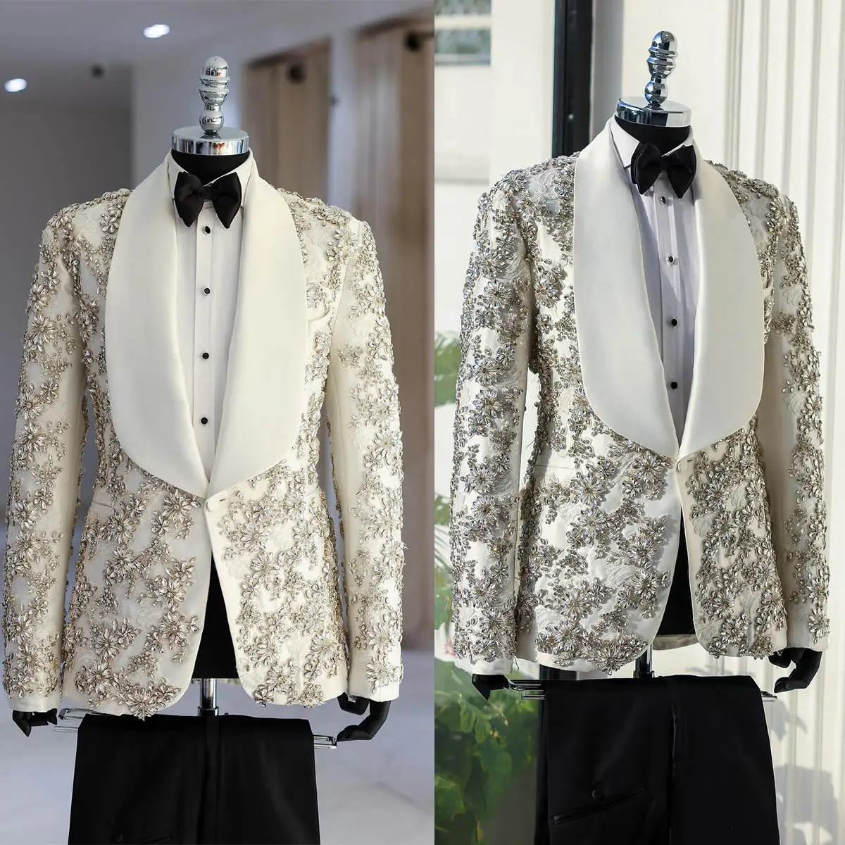 Luxury Man Tuxedos Crystal 2 Pcs Jacket Pants Wedding Suit Fashion Shawl Lapel Slim Fit Evening Groom For Party Customized