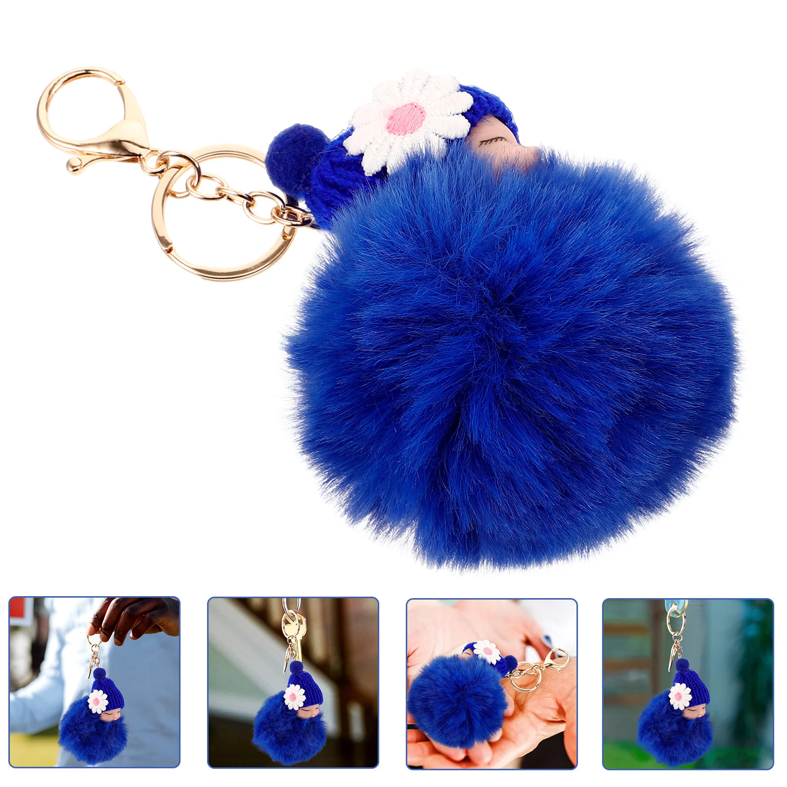 

Sleep Baby Ball Pompom Key Chain Royal Blue Cute Handbag Car Phone Wallet Keyring Charm Gift for Women Key Chain