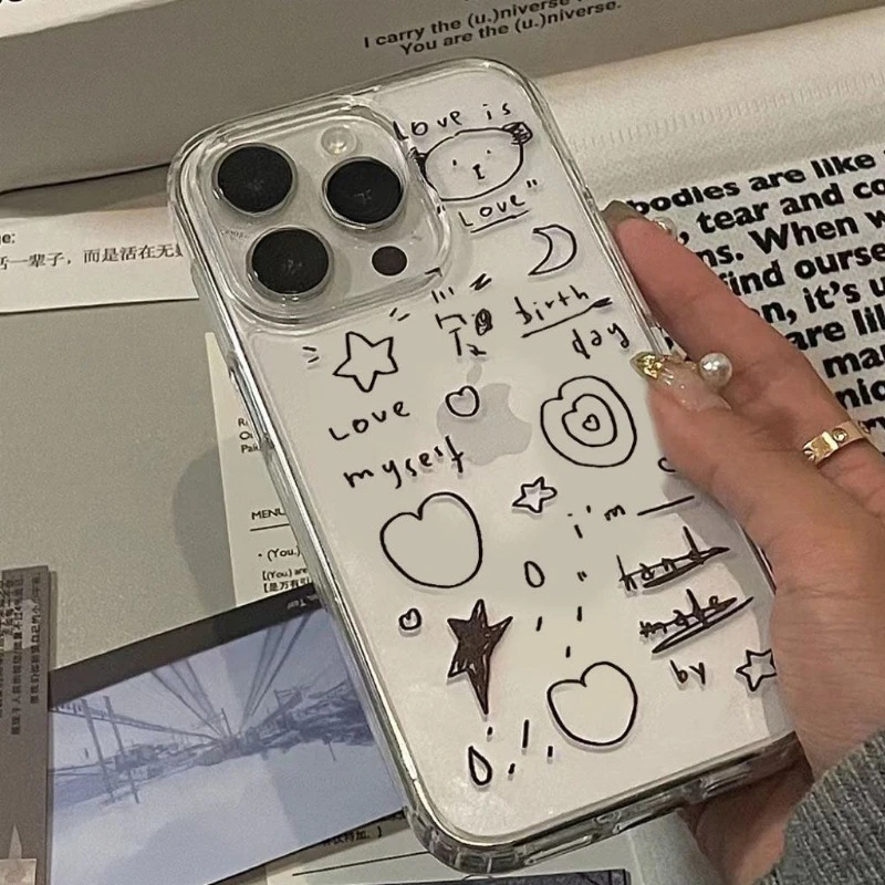 Line Moon Love Case for IPhone 16 15 14 Plus 13 12 11 Pro Max Shockproof Transparent Soft Cover Protection Back Cover Bumper